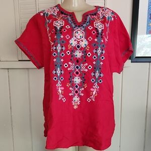 John Mark 100% Linen Red Embroidered Blouse